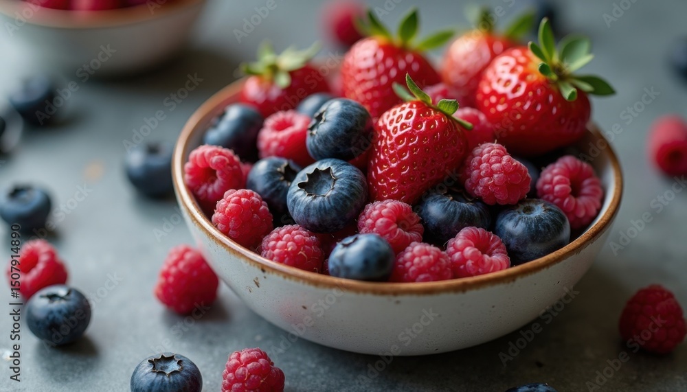A vibrant bowl of mixed berries including strawberries, raspberries, and blueberries, on grey table. A vibrant bowl of mixed berries including strawberries, raspberries, and blueberries, on grey table.