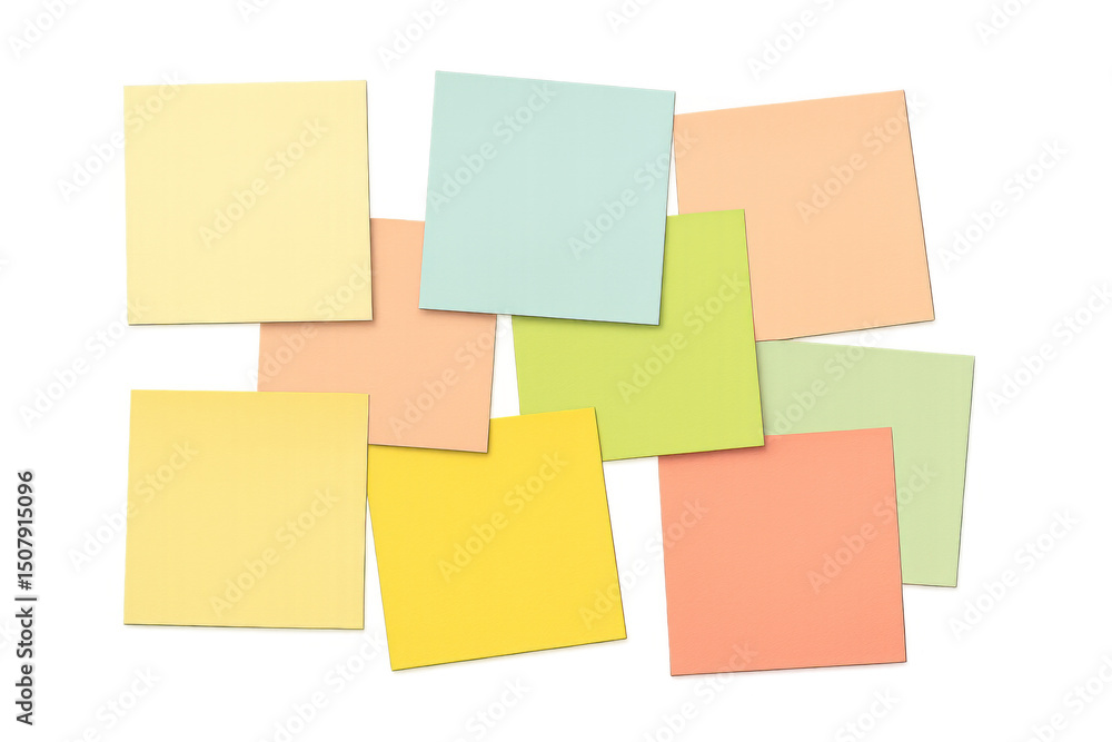 Fototapeta premium Pastel-colored sticky notes arranged on a transparent background, creating a visual reminder or memo