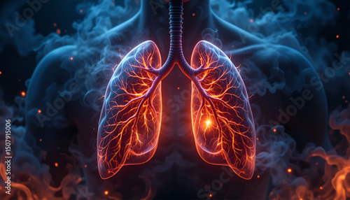 Powerful image of human lungs against a dark background to raise awareness for world lung cancer day, featuring glowing elements to emphasize the importance of lung health awareness
