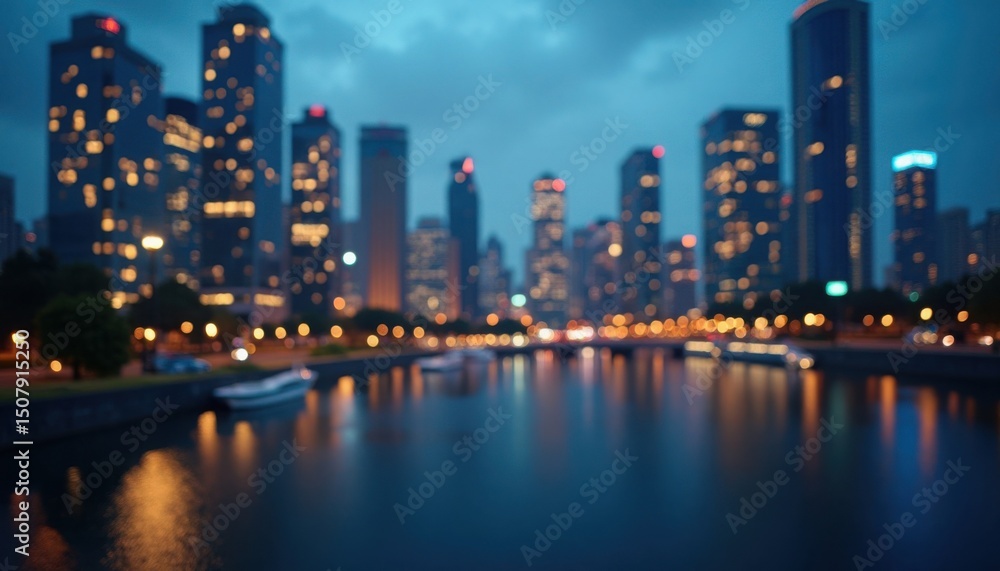 Naklejka premium Abstract, blurred cityscape at twilight creates a moody, atmospheric view across a calm river.