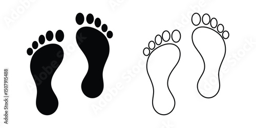 Two footprint / foot print flat icon for apps and websites. Footprint Symbol with Five Fingers in Flat Icon Design. Footprint Outline Icon with Five Fingers in Flat Icon. Different human footprints. 