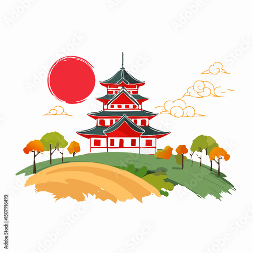 墨絵の大阪城ベクター風景画