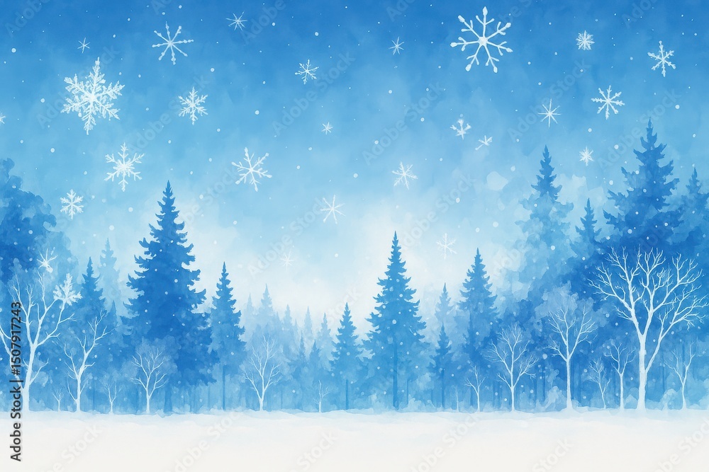 Obraz premium 水彩の冬景色：雪の結晶が舞う、雪の森の背景イラスト