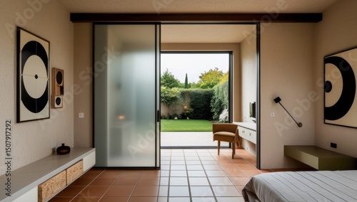 Modern minimalist bedroom interior with garden view through sliding glass doors