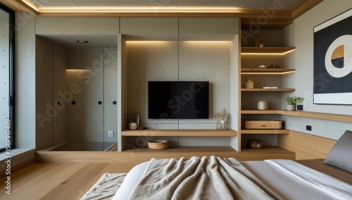 Elegant bedroom design featuring custom built-in shelving and integrated media center