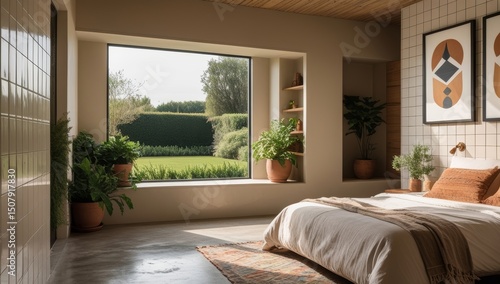 Luxurious bedroom with scenic garden view and contemporary design elements