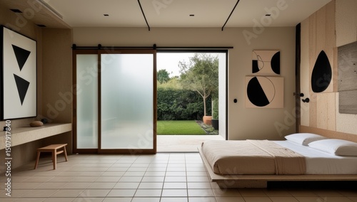 Modern minimalist bedroom design featuring garden view and abstract art décor