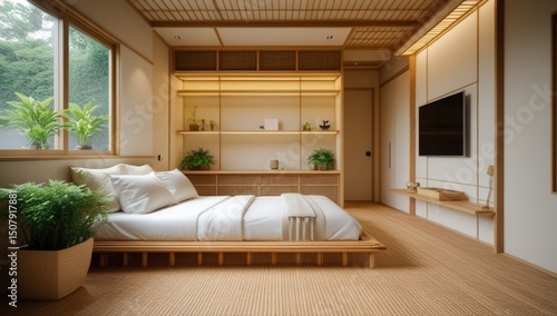 Elegant Japanese Style Bedroom Interior with Wooden Platform Bed and Natural Light