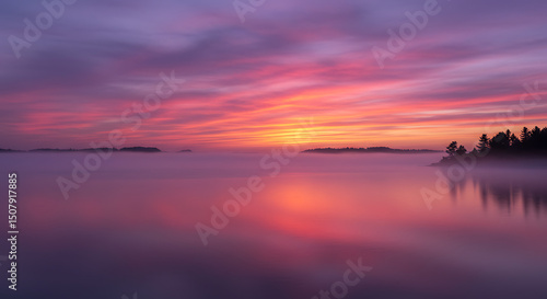 Wallpaper Mural Serene Foggy Lake Sunrise with Colorful Sky and Silhouetted Trees Torontodigital.ca