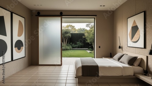 Elegant bedroom with garden view sliding door and modern abstract art pieces