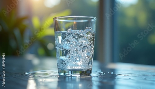 Wallpaper Mural Refreshing still life showcases a glass of sparkling water with bright light and bokeh background. Torontodigital.ca