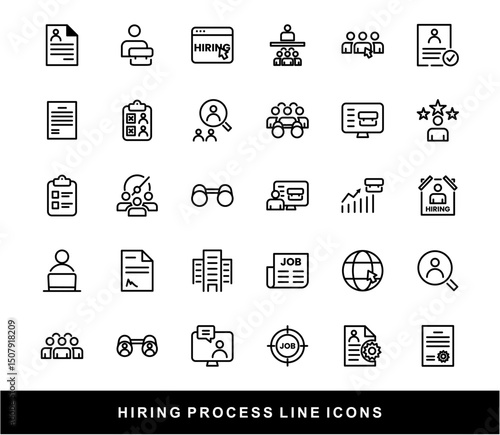 Hiring Process Line Icons. Recruitment, Job Application, Interview, Candidate Selection Vector Set