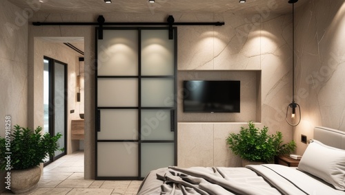Modern bedroom interior with sliding door, marble walls and minimalist design