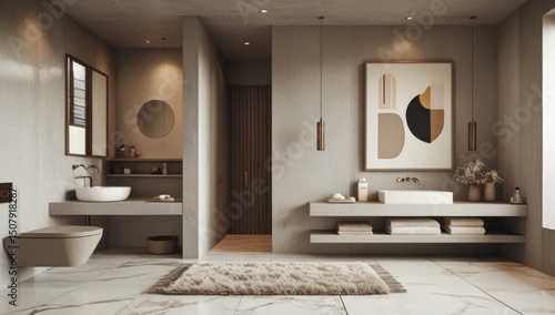 Elegant and modern bathroom interior with marble floors and neutral color scheme