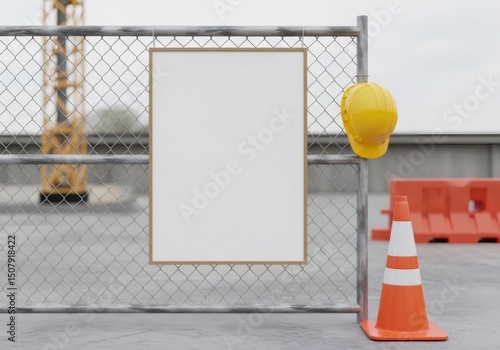 Blank white sign hanging on a construction site fence with safety helmet and traffic cone