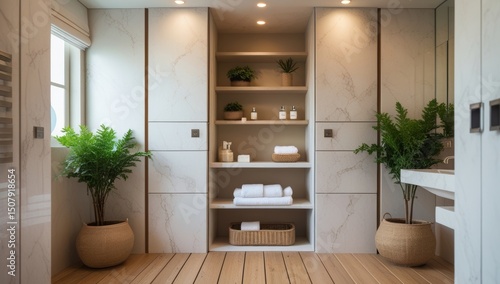 Elegant modern bathroom interior with natural light plants and marble accents showcasing a serene and stylish design