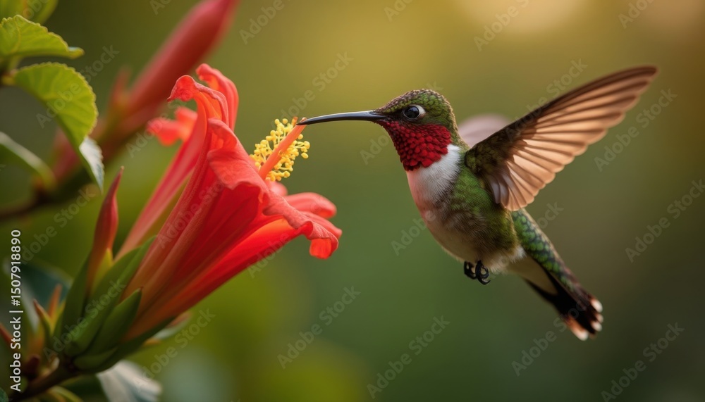 Fototapeta premium Vibrant hummingbird sips nectar from a bright red hibiscus flower, creating a tranquil nature scene.
