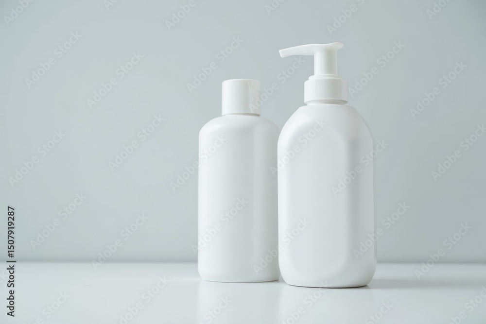 Two blank white plastic bottles on a white surface. Two blank white plastic bottles on a white surface.