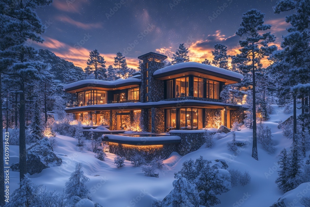 Obraz premium Luxurious mountain home, snowy landscape, evening