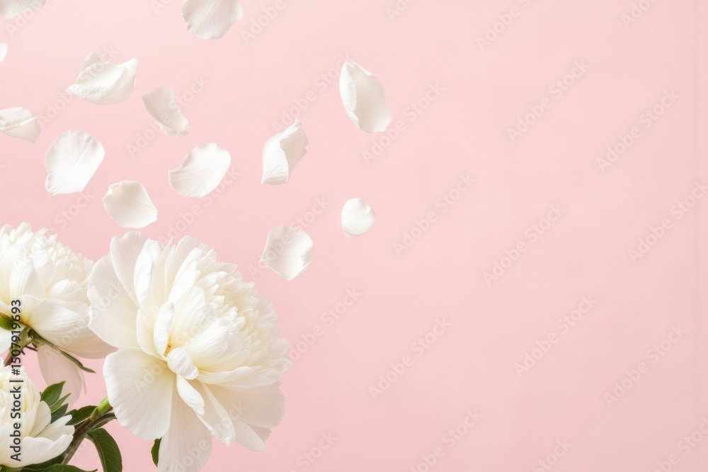 Delicate white peony blossoms with petals floating. Delicate white peony blossoms with petals floating.