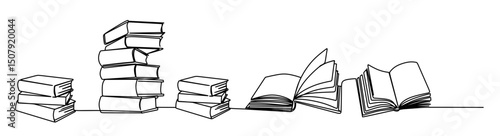One line Open Book style. Black contour on white background. Graphics for business