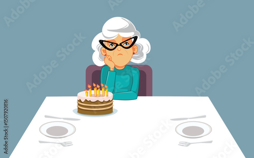 Sad Grandma Seeing her Birthday Alone Vector Concept Illustration. Elderly person left alone on his own anniversary celebration 
