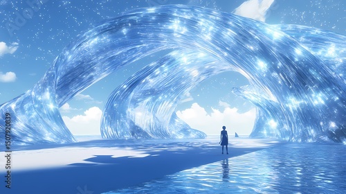 digital technology blue glass flowing curve poster background