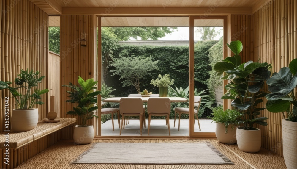 Fototapeta premium A bright and airy dining space seamlessly blends indoor and outdoor living