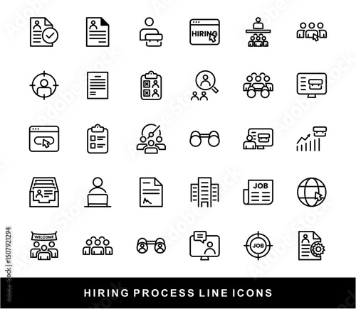 Hiring Process Line Icons. Recruitment, Job Application, Interview, Candidate Selection Vector Set
