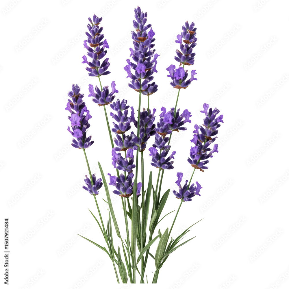 Obraz premium Fresh Lavender Stems with Bright Purple Flowers on Transparent Background