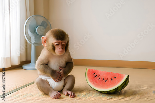 Baby Monkey with Stomachache After Eating Watermelon – Cute Summer Scene in Japanese Tatami Room