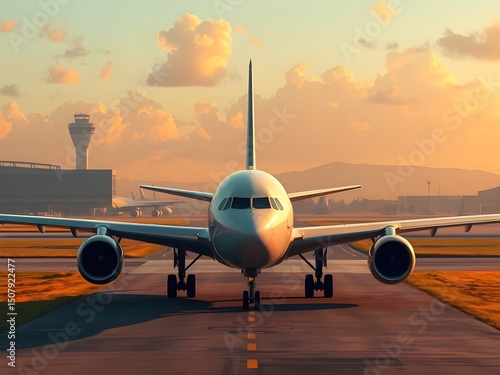 Passenger airplane on run way, Generative AI Illustration.