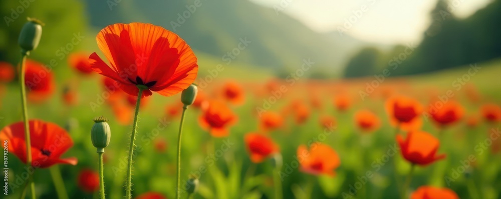 Fototapeta premium Red poppy in vibrant nature scene, ample copy space , splendid, spring, day