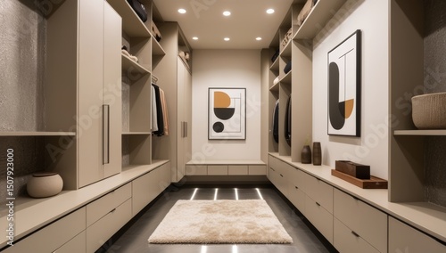 Elegant walk-in closet featuring custom storage solutions and contemporary decor