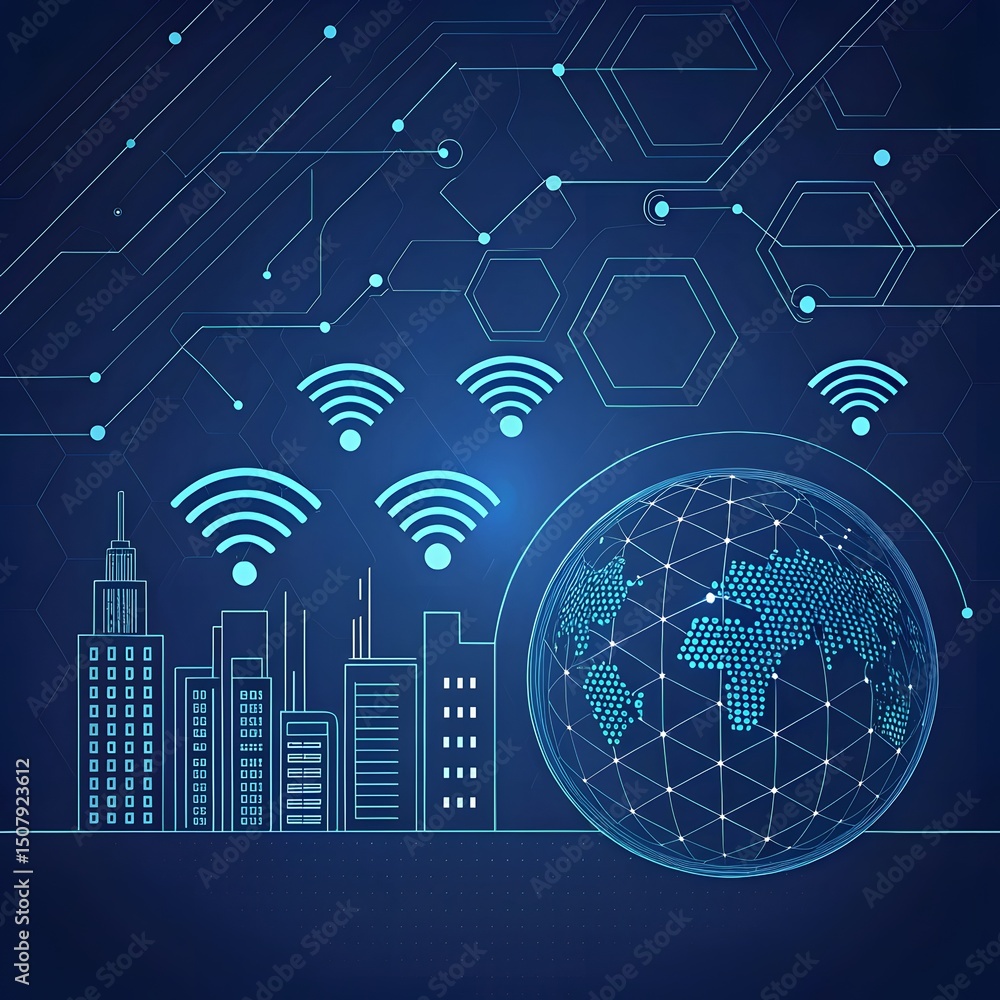 Obraz premium Global wireless communication concept with digital city skyline and world map.
