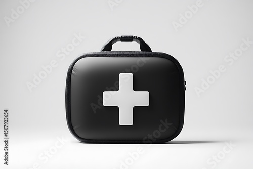 A black first aid kit with a white cross on a white background in a studio setting close up shot