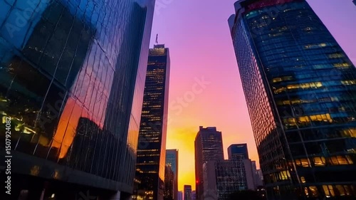 An urban cityscape during sunset, with tall buildings glowing under ambient HDR lighting