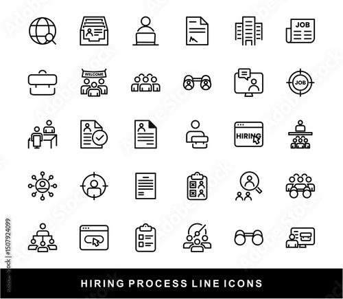 Hiring Process Line Icons. Recruitment, Job Application, Interview, Candidate Selection Vector Set