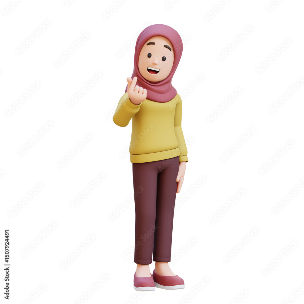 3D muslim girl character with hijab feels happy and romantic shapes heart gesture 3D muslim girl character with hijab feels happy and romantic shapes heart gesture