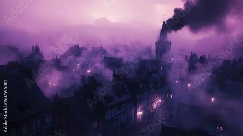 Misty, purple-toned cityscape, Victorian-era, moody atmosphere