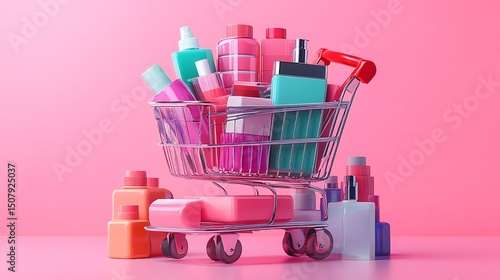 Wallpaper Mural Shopping cart full of colorful cosmetic products on a pink background. Torontodigital.ca