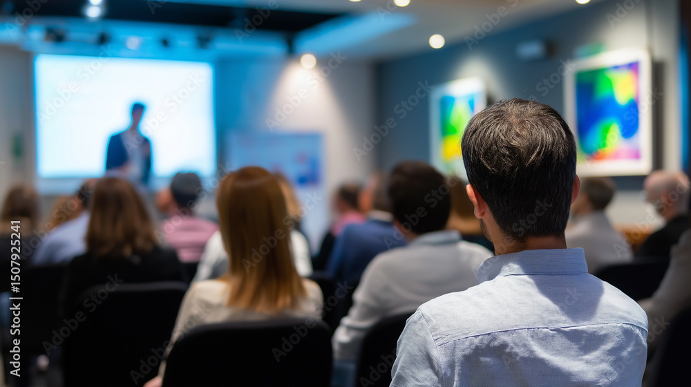 Obraz premium Audience attending a formal presentation or seminar in a modern room with abstract artwork on the walls. 