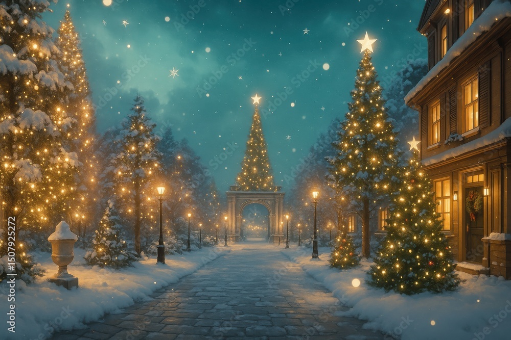 Obraz premium 雪の降るクリスマスの夜の街並み、クリスマスツリーが輝く美しい風景