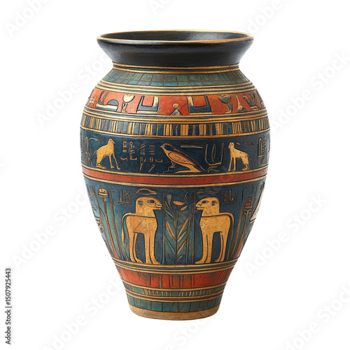 Ancient Egyptian Decorative Vase with Hieroglyphics and Art
