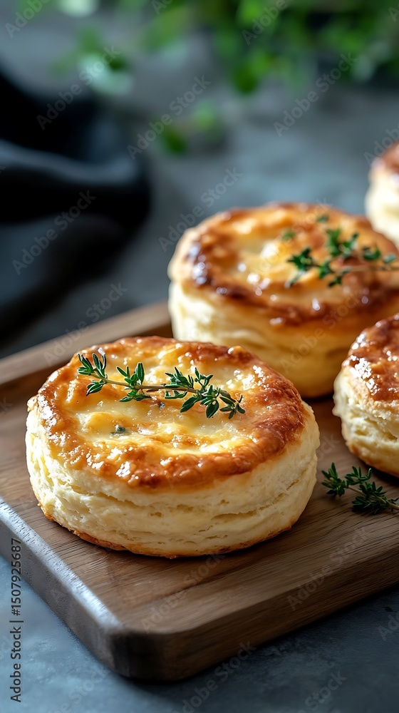 Golden Baked Puff Pastries, Shiny Glaze and Thyme on Wooden Board CloseUp View Golden Baked Puff Pastries, Shiny Glaze and Thyme on Wooden Board CloseUp View
