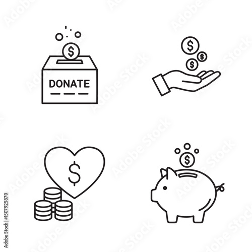Financial donation and charity concepts illustrated in simple black and white silhouette icons