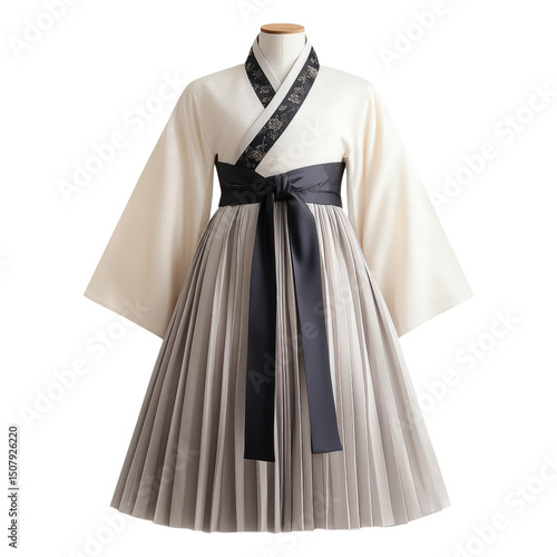 Elegant Traditional Hanbok Dress with Pleated Design and Ribbon Detail