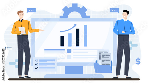 Two men near a computer screen with a graph; ideal for business presentations, financial analysis articles, technology blogs, and teamwork concepts.