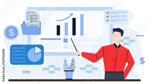 Man giving a business presentation. Suitable for corporate presentations, marketing materials, websites, and articles on public speaking and business communication.