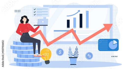 Young woman sitting on a stack of coins next to a light bulb, symbolizing financial success and entrepreneurship. Suitable for business concepts.